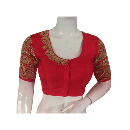 Red Color Aari Elegance: Exquisite Handwork on Semi Silk Wedding Blouse