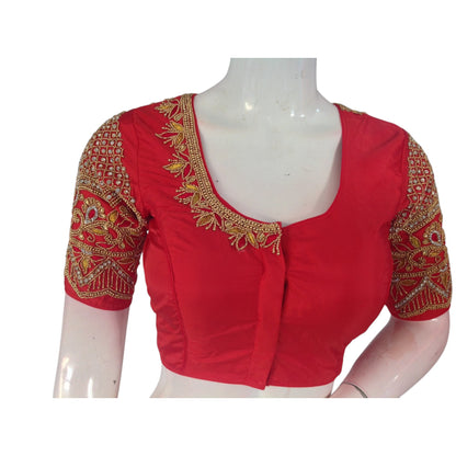 Red Color Aari Elegance: Exquisite Handwork on Semi Silk Wedding Blouse