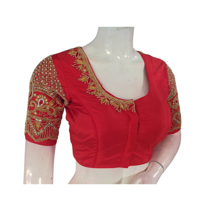 Red Color Aari Elegance: Exquisite Handwork on Semi Silk Wedding Blouse