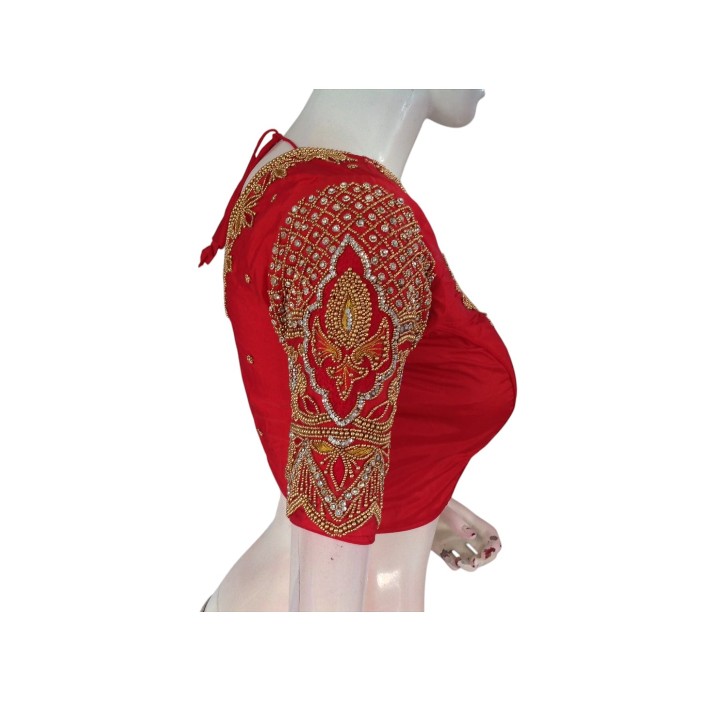 Red Color Aari Elegance: Exquisite Handwork on Semi Silk Wedding Blouse