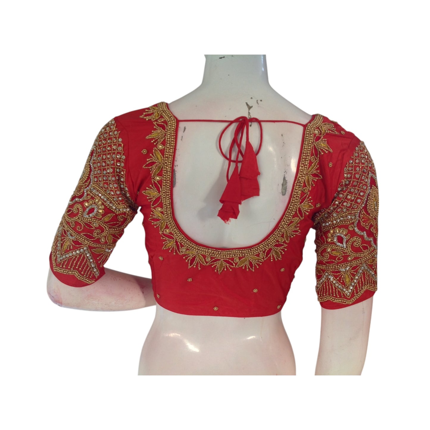 Red Color Aari Elegance: Exquisite Handwork on Semi Silk Wedding Blouse