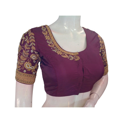 Enchanting Purple Color Silk Saree Blouse with Exquisite Aari Handwork