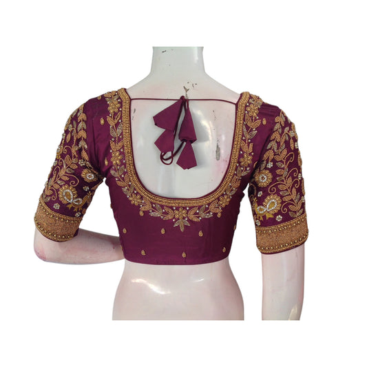 Enchanting Purple Color Silk Saree Blouse with Exquisite Aari Handwork