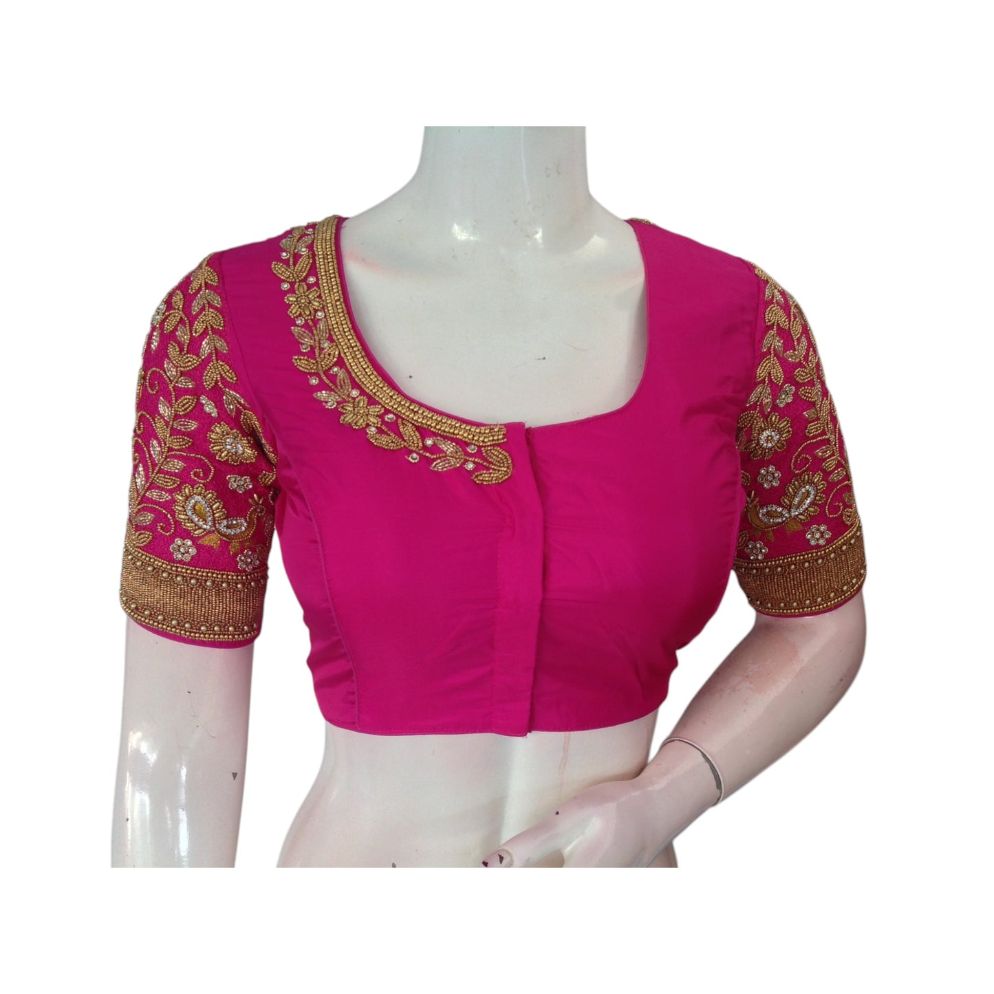 Luxurious Rani Pink: Aari Handwork Wedding Silk Saree Readymade Blouse