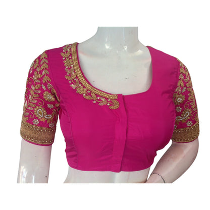 Luxurious Rani Pink: Aari Handwork Wedding Silk Saree Readymade Blouse