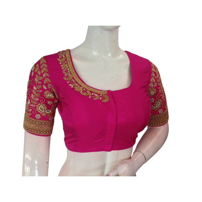 Luxurious Rani Pink: Aari Handwork Wedding Silk Saree Readymade Blouse