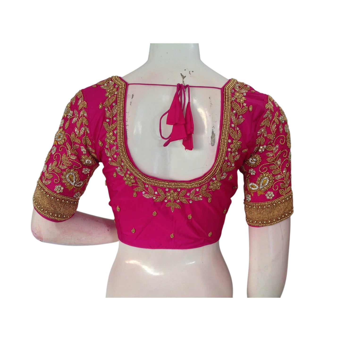 Luxurious Rani Pink: Aari Handwork Wedding Silk Saree Readymade Blouse  