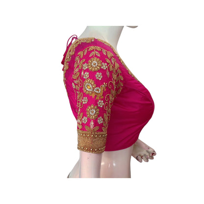 Luxurious Rani Pink: Aari Handwork Wedding Silk Saree Readymade Blouse