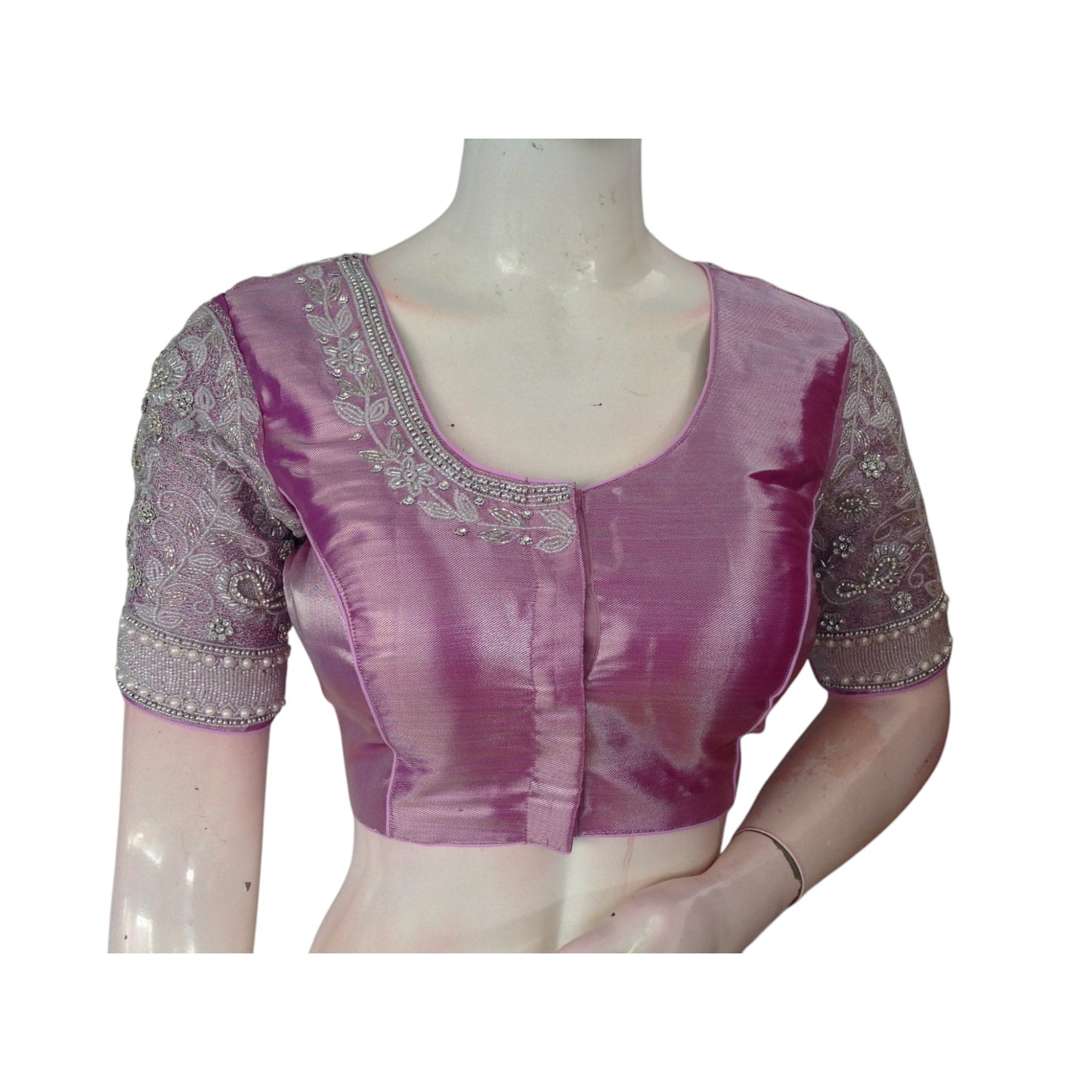 Luxurious Pastel Magenta: Aari Handwork Silk Saree Blouse for Weddings