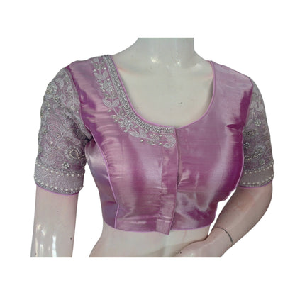 Luxurious Pastel Magenta: Aari Handwork Silk Saree Blouse for Weddings