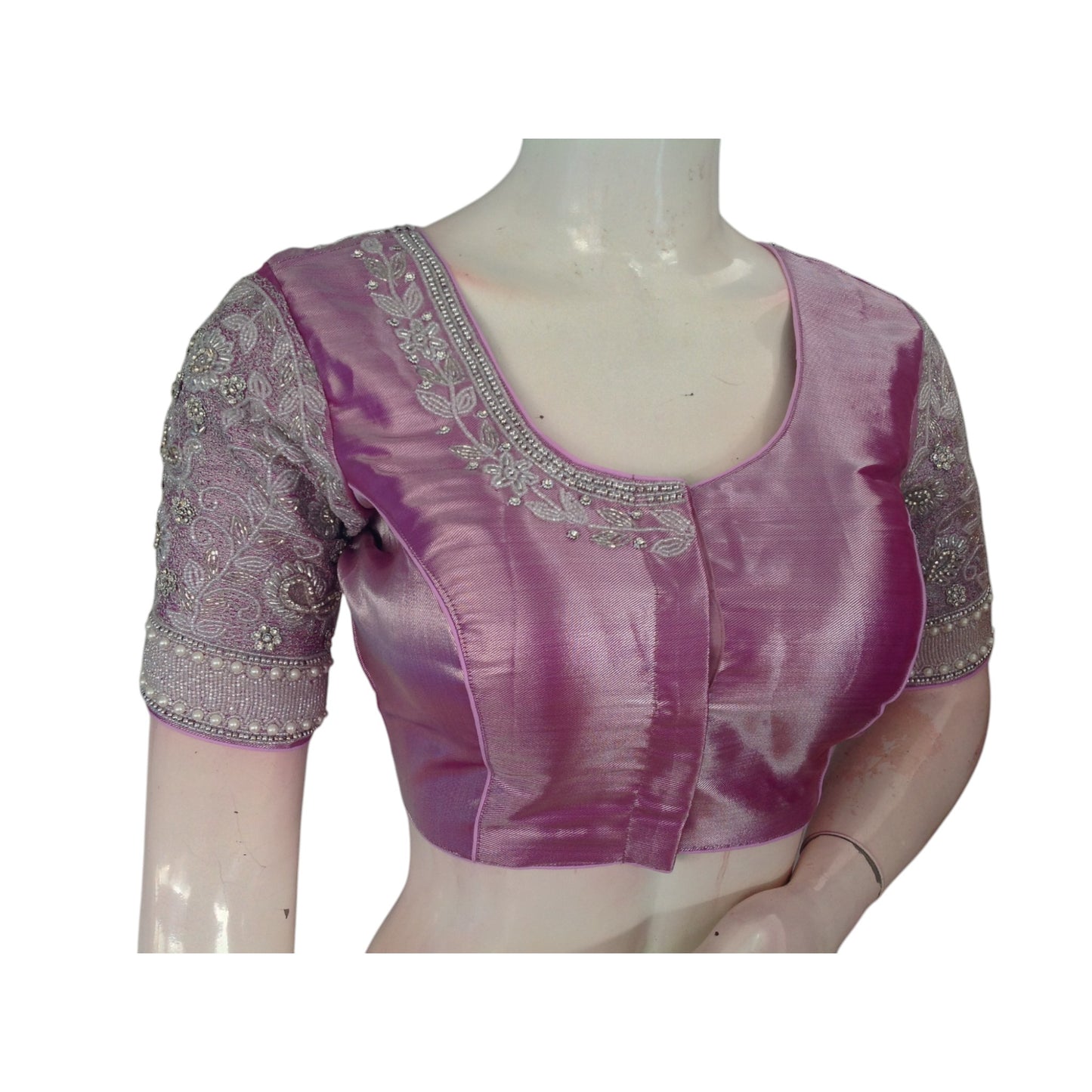 Luxurious Pastel Magenta: Aari Handwork Silk Saree Blouse for Weddings