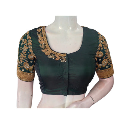 Timeless Green Wedding Silk Saree Blouse with Exquisite Aari Handwork