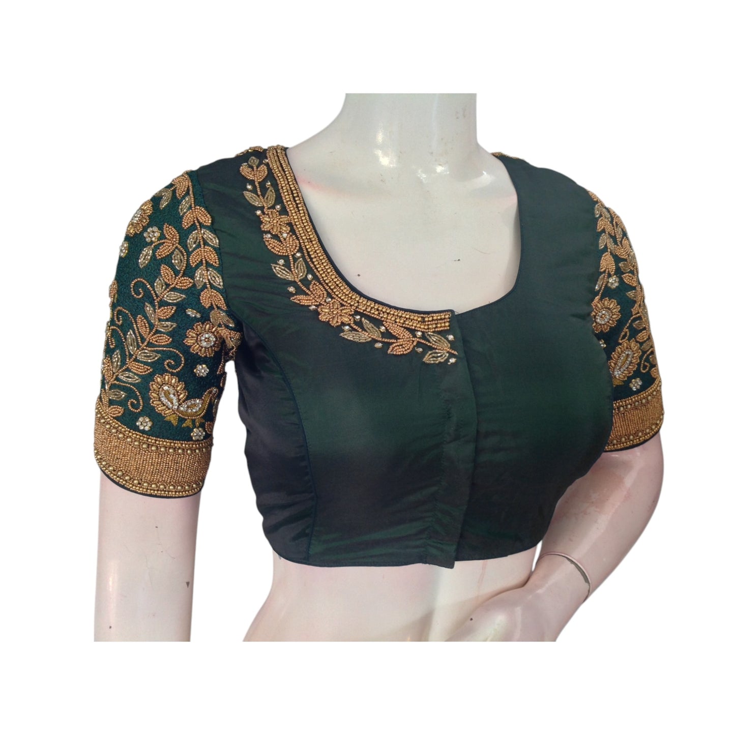 Timeless Green Wedding Silk Saree Blouse with Exquisite Aari Handwork