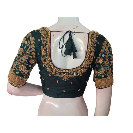 Timeless Green Wedding Silk Saree Blouse with Exquisite Aari Handwork