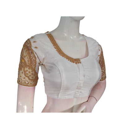 Effortlessly Elegant Off-White Silk Saree Blouse with Aari Handwork: A Wedding Dream