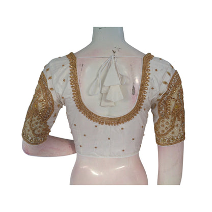 Effortlessly Elegant Off-White Silk Saree Blouse with Aari Handwork: A Wedding Dream