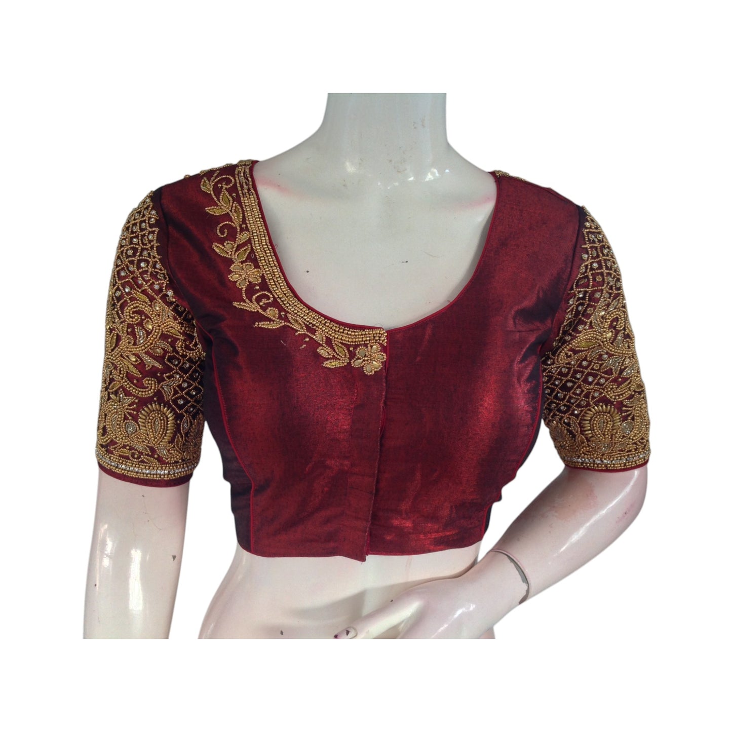 Tissue Maroon Romance: Aari Handwork Wedding Silk Saree Blouse