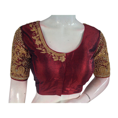 Tissue Maroon Romance: Aari Handwork Wedding Silk Saree Blouse