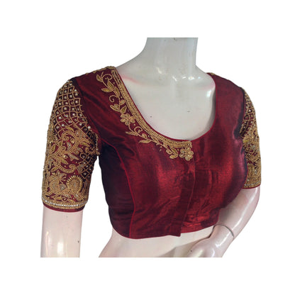 Tissue Maroon Romance: Aari Handwork Wedding Silk Saree Blouse