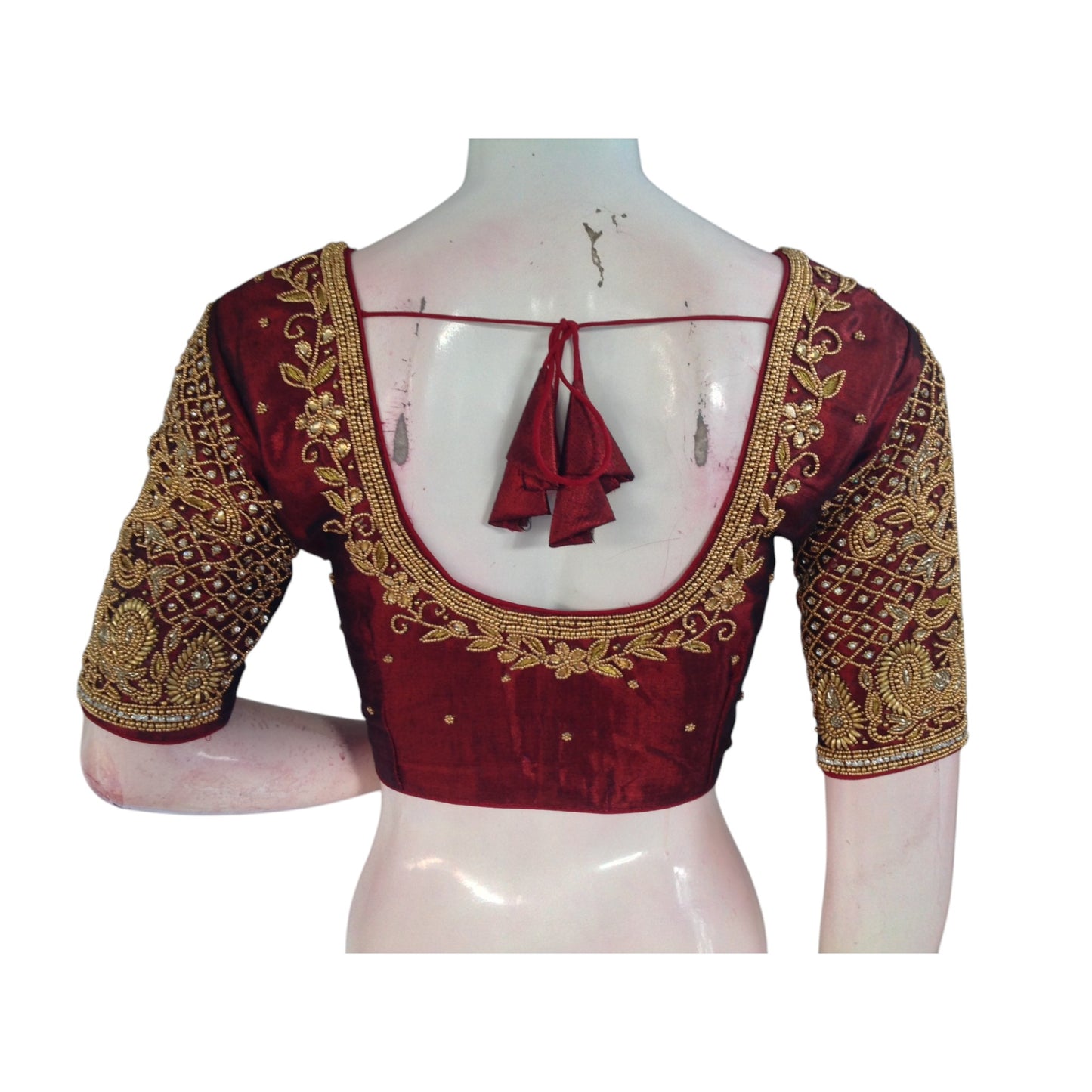 Tissue Maroon Romance: Aari Handwork Wedding Silk Saree Blouse