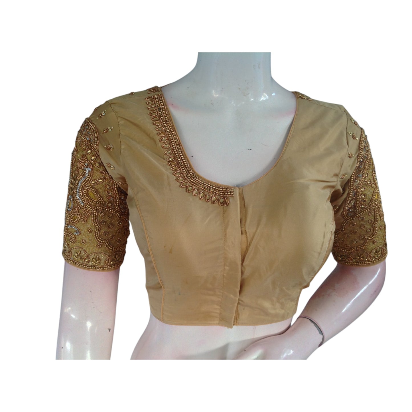 A Touch of Royalty: Gold Color Wedding Silk Saree Blouse with Aari Handwork