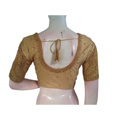 A Touch of Royalty: Gold Color Wedding Silk Saree Blouse with Aari Handwork