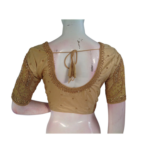 A Touch of Royalty: Gold Color Wedding Silk Saree Blouse with Aari Handwork