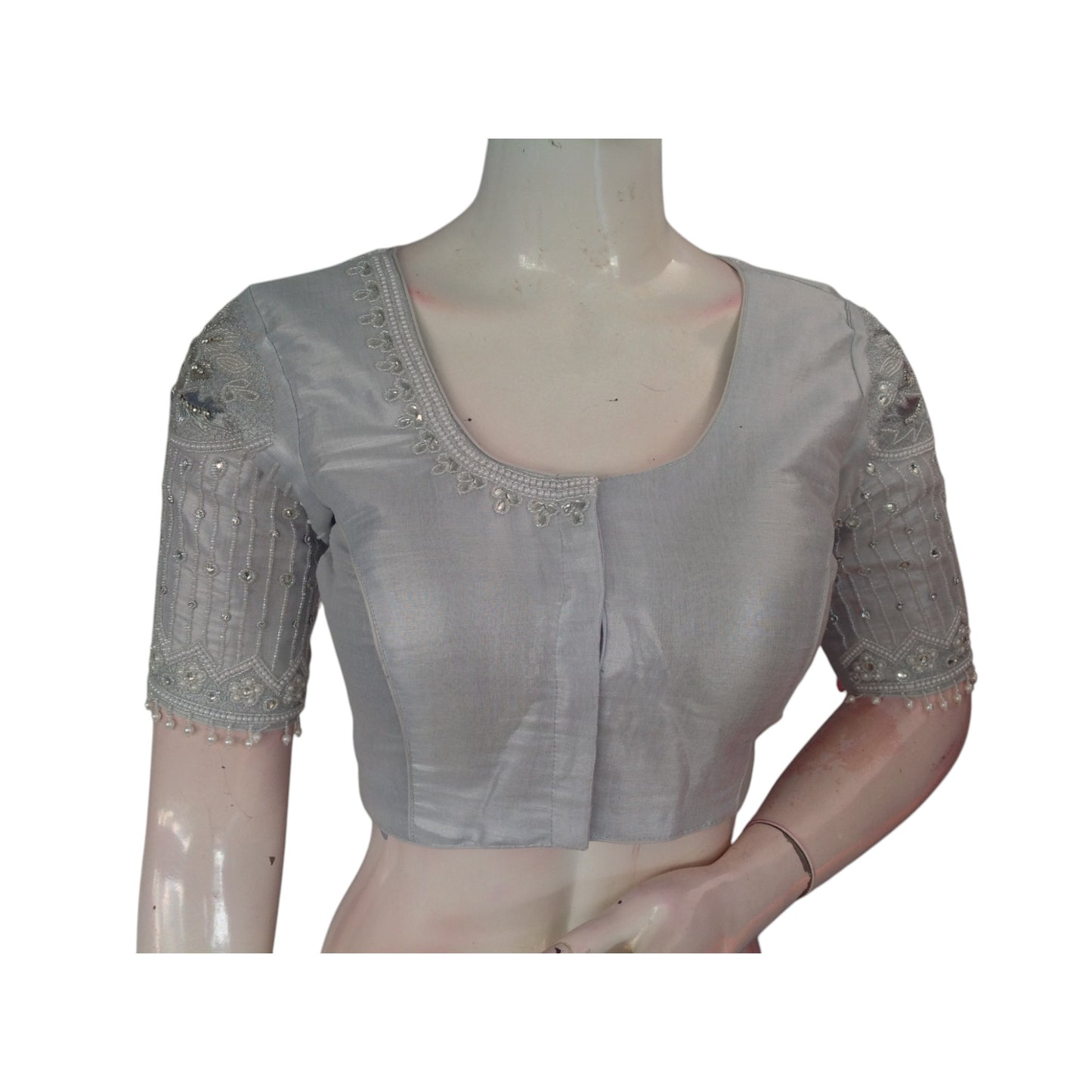 Bridal Glamour: Silver Tissue Aari Handwork Blouse with Designer Neck