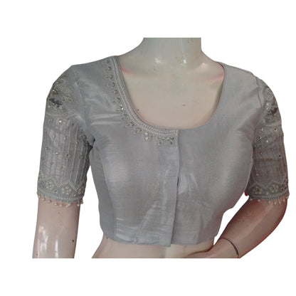 Bridal Glamour: Silver Tissue Aari Handwork Blouse with Designer Neck