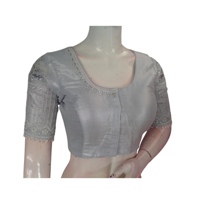 Bridal Glamour: Silver Tissue Aari Handwork Blouse with Designer Neck