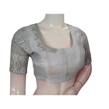 Handcrafted Tissue Silk Wedding Blouse with Silver Aari Handwork