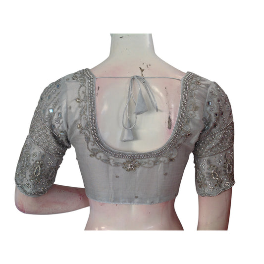 Handcrafted Tissue Silk Wedding Blouse with Silver Aari Handwork 