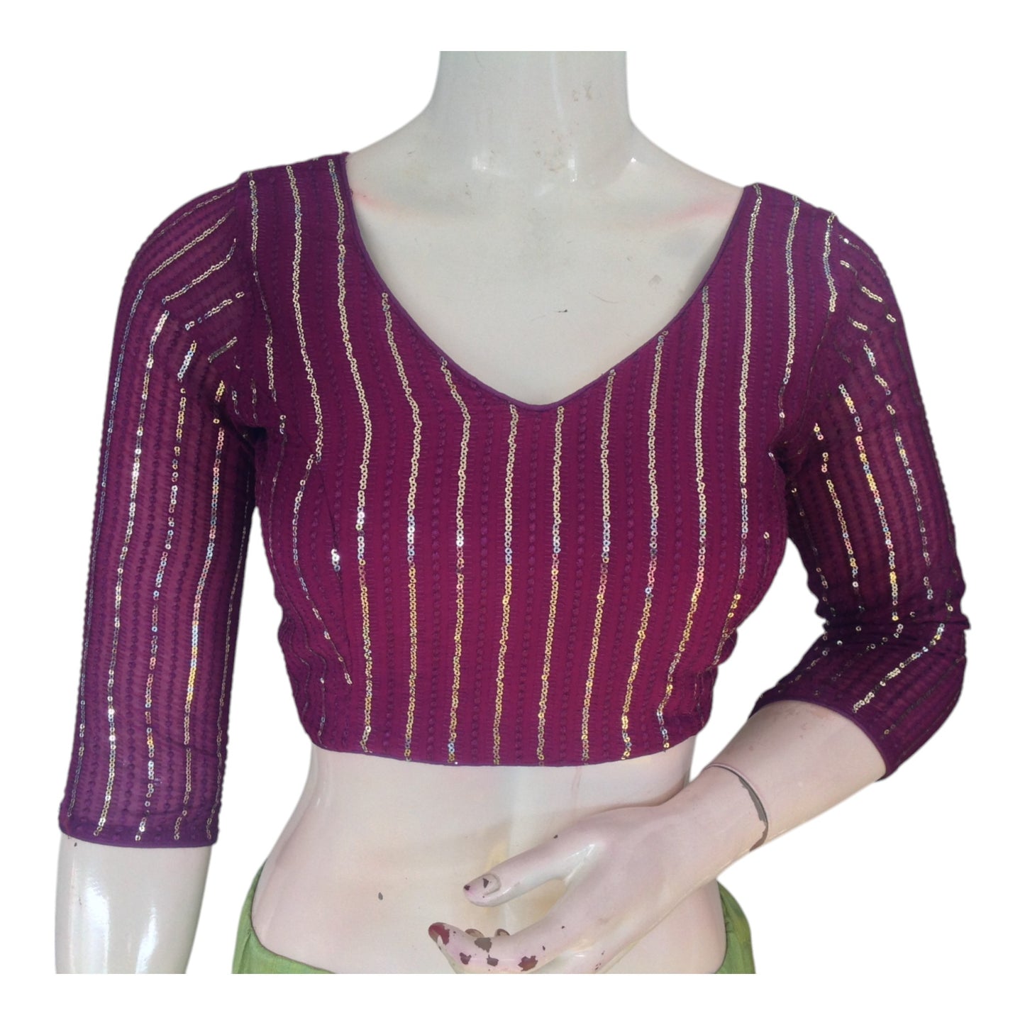 Purple Color Designer Netted Sequin 3/4th Sleeves Readymade Blouse 