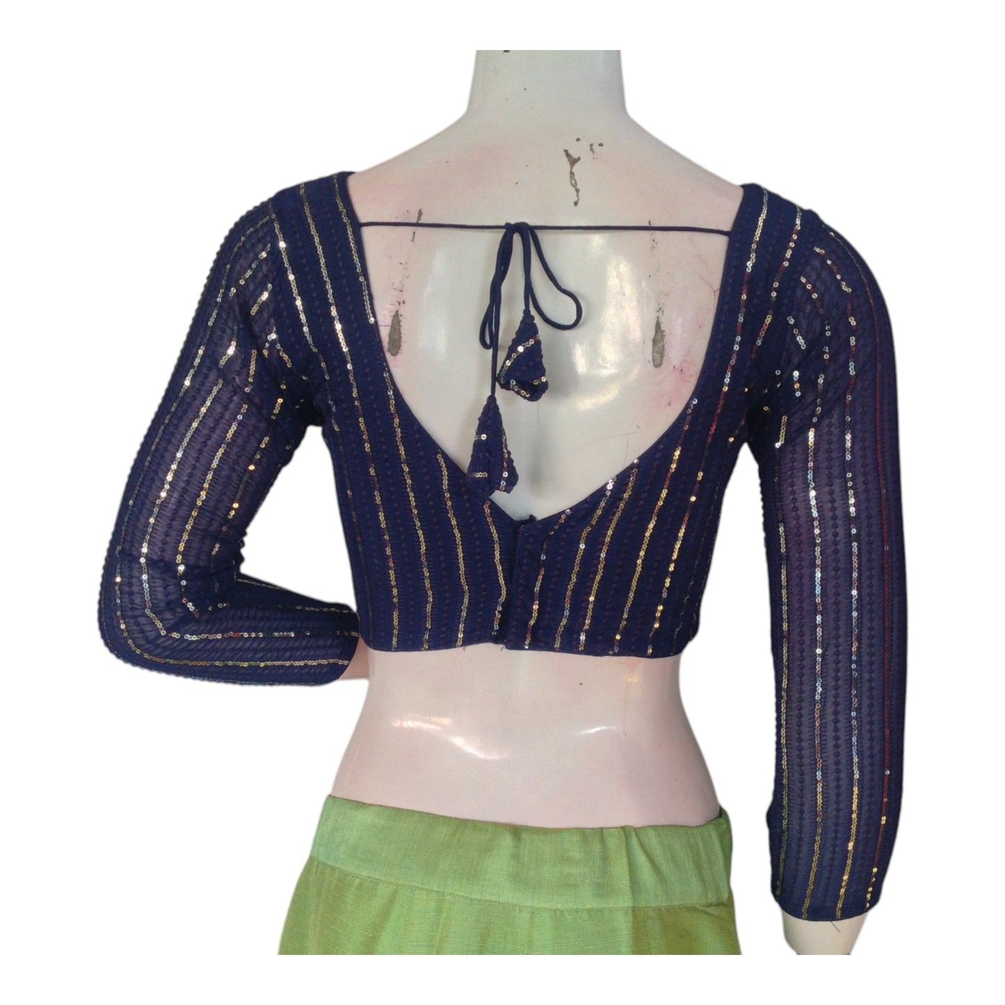 Navy Blue Color Netted Sequin Blouse - 3/4 Sleeves: Shine Bright