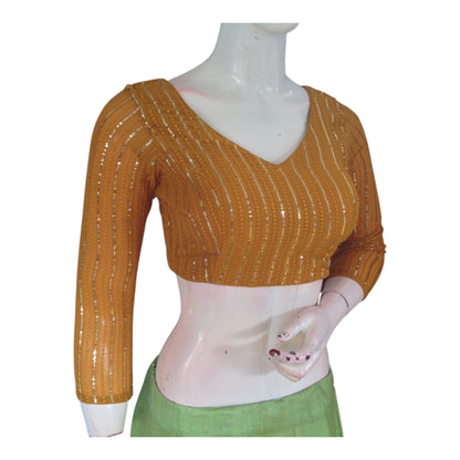 Mustard Yellow Designer Sequin 3/4th Sleeves Readymade Blouse for Sarees