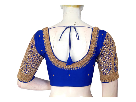 Explore our collection of Designer Ethnic Blue Blouses at d3blouses. Shop exquisite Aari Handwork Readymade Saree Blouses, perfect for adding a touch of elegance and sophistication to your ethnic wear.