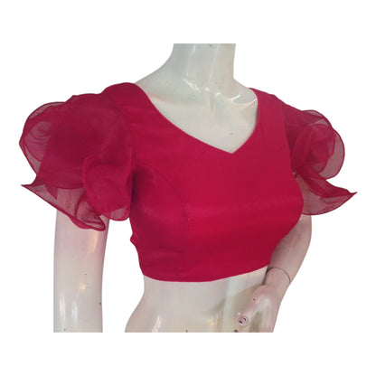 Vibrant Raspberry Organza Ruffle Blouse | Modern Saree Top | Festive Choli