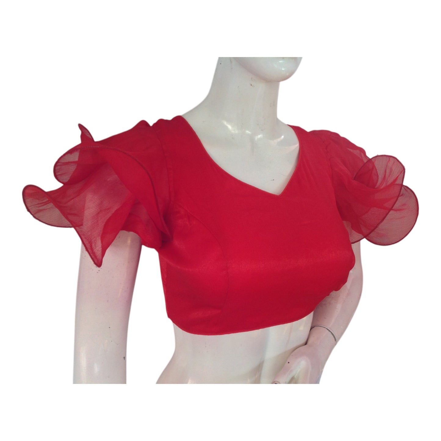 Scarlet Red Organza Ruffle Sleeve Readymade Saree Blouse | Modern Designer Choli