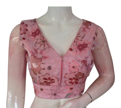 Pastel Pink Sequin Organza Blouse | Spring/Summer Party Top | Designer Blouse