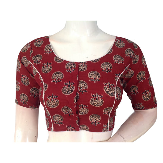 Rich Heritage: Maroon High Neck Cotton Saree Blouse