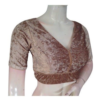 Elegant Pastel Brown Velvet Readymade Saree Blouse | Designer Blouse