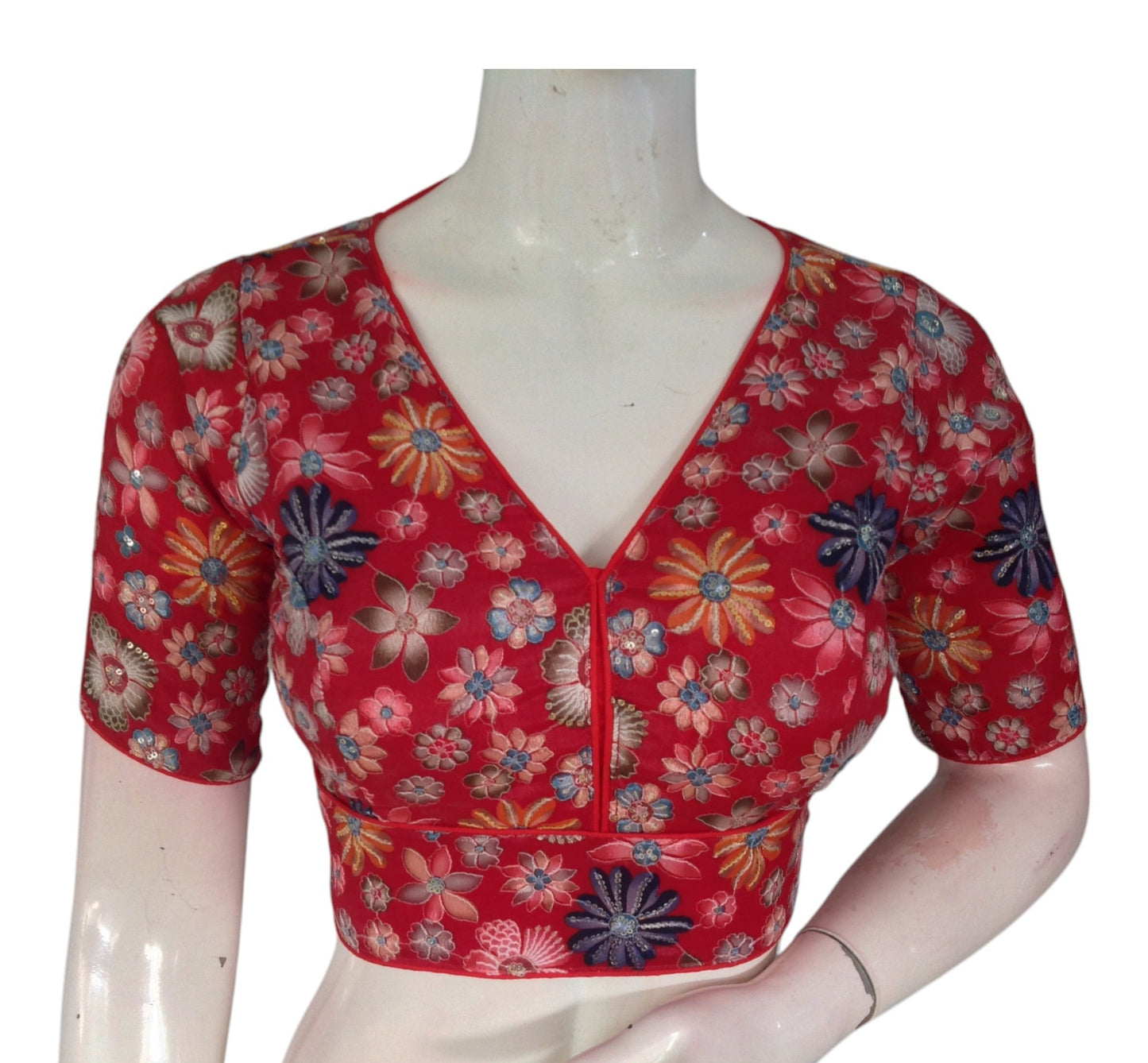 Ruby Red Organza Sequin Party Wear Readymade Blouse | Festive Indian Top