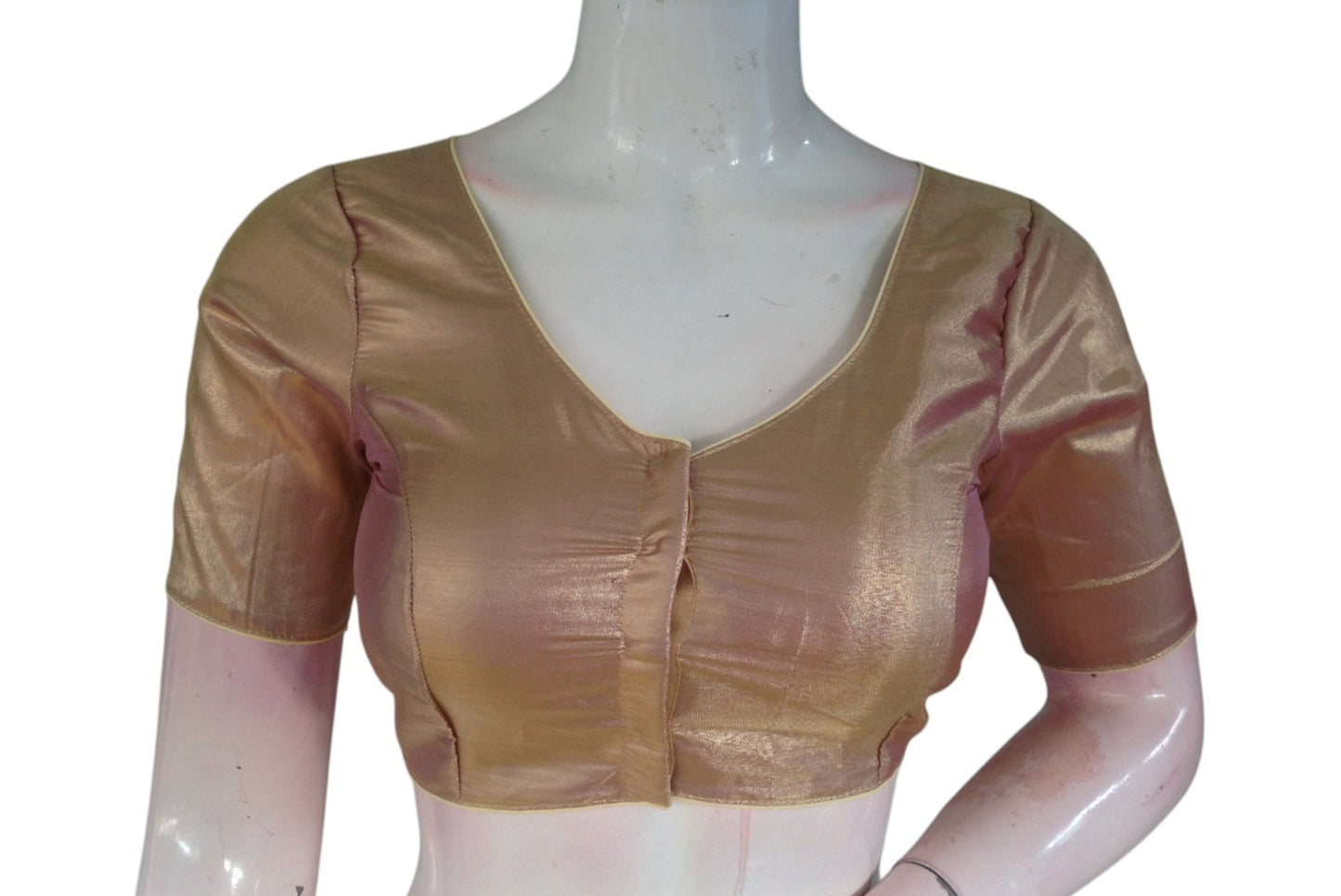 Stunning Gold Plain Tissue Silk Saree Blouse | V-Neck | Readymade Blouse 