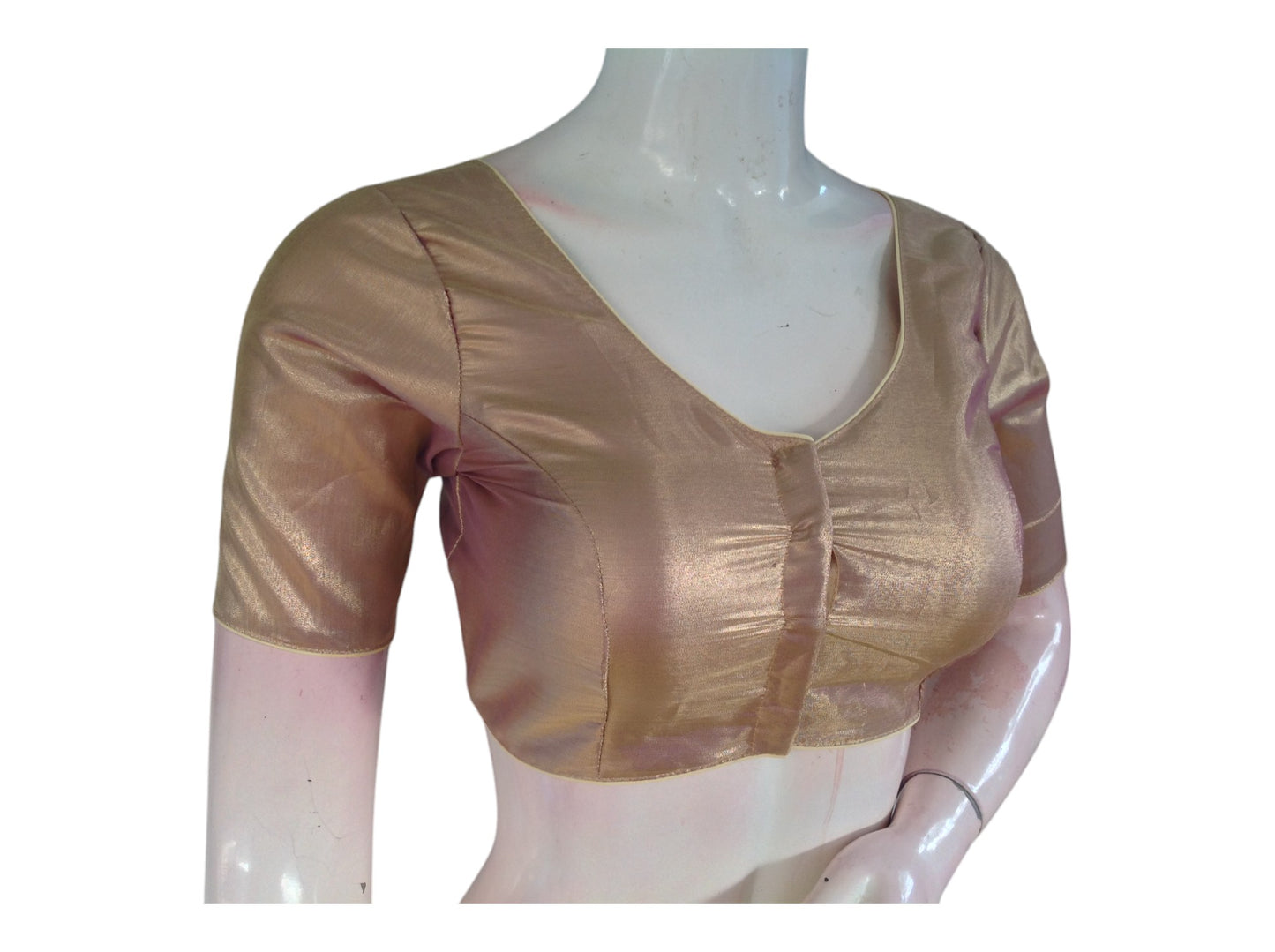 Stunning Gold Plain Tissue Silk Saree Blouse | V-Neck | Readymade Blouse