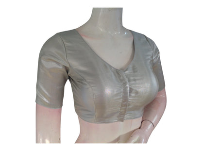 Classic Silver Readymade Blouse | Tissue Silk V-Neck Saree Top | Indian Ethnic Wear