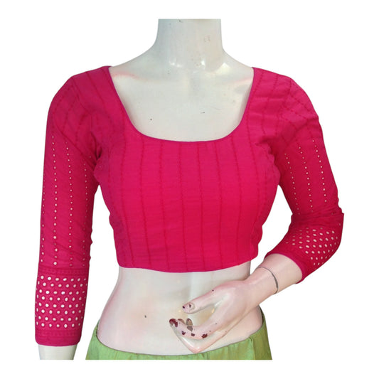 Beautiful Pink Hakoba Cotton Bracelet Sleeve Readymade Saree Blouse