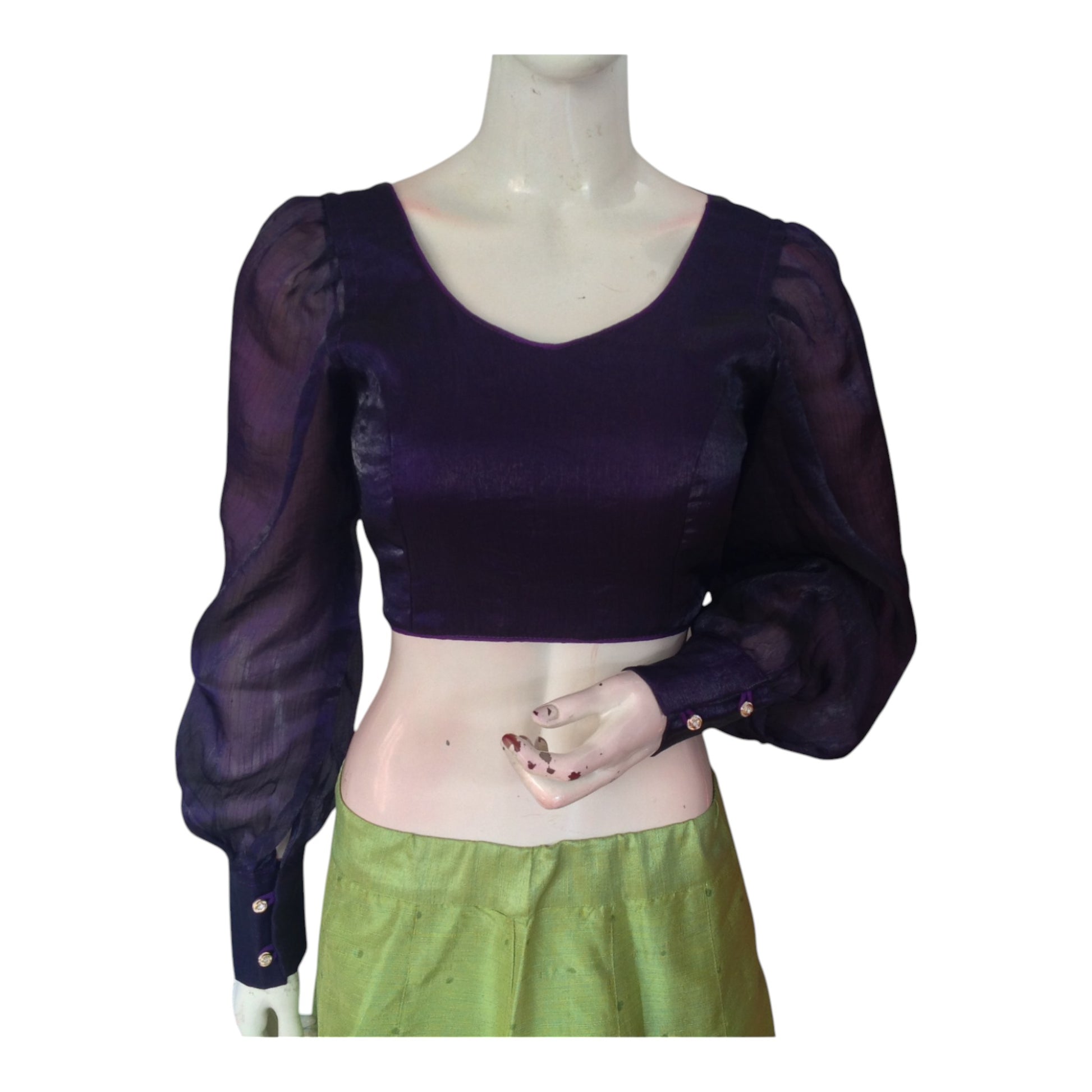 Chic Dark Purple Organza Ballon Full Sleeve Blouse | Modern Saree Blouse