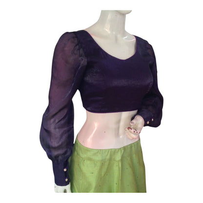 Chic Dark Purple Organza Ballon Full Sleeve Blouse | Modern Saree Blouse