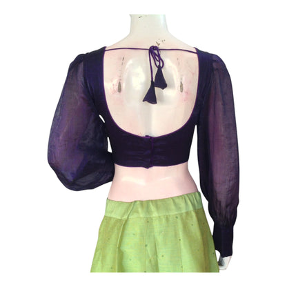 Chic Dark Purple Organza Ballon Full Sleeve Blouse | Modern Saree Blouse