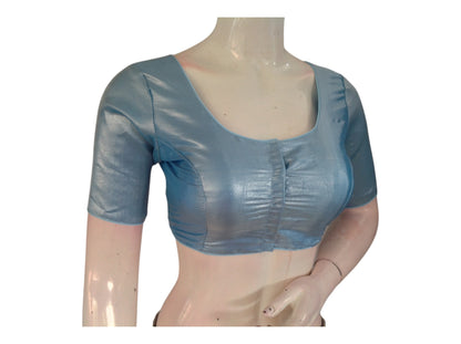 Stunning Blue Plain Tissue Silk Readymade Saree Blouse